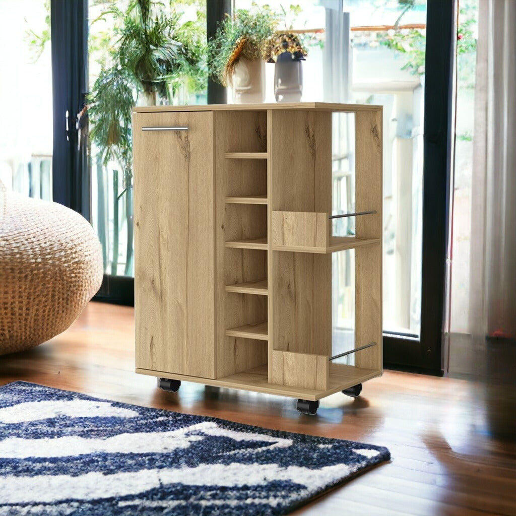 Oak Rolling Bar Cart With Wine Storage