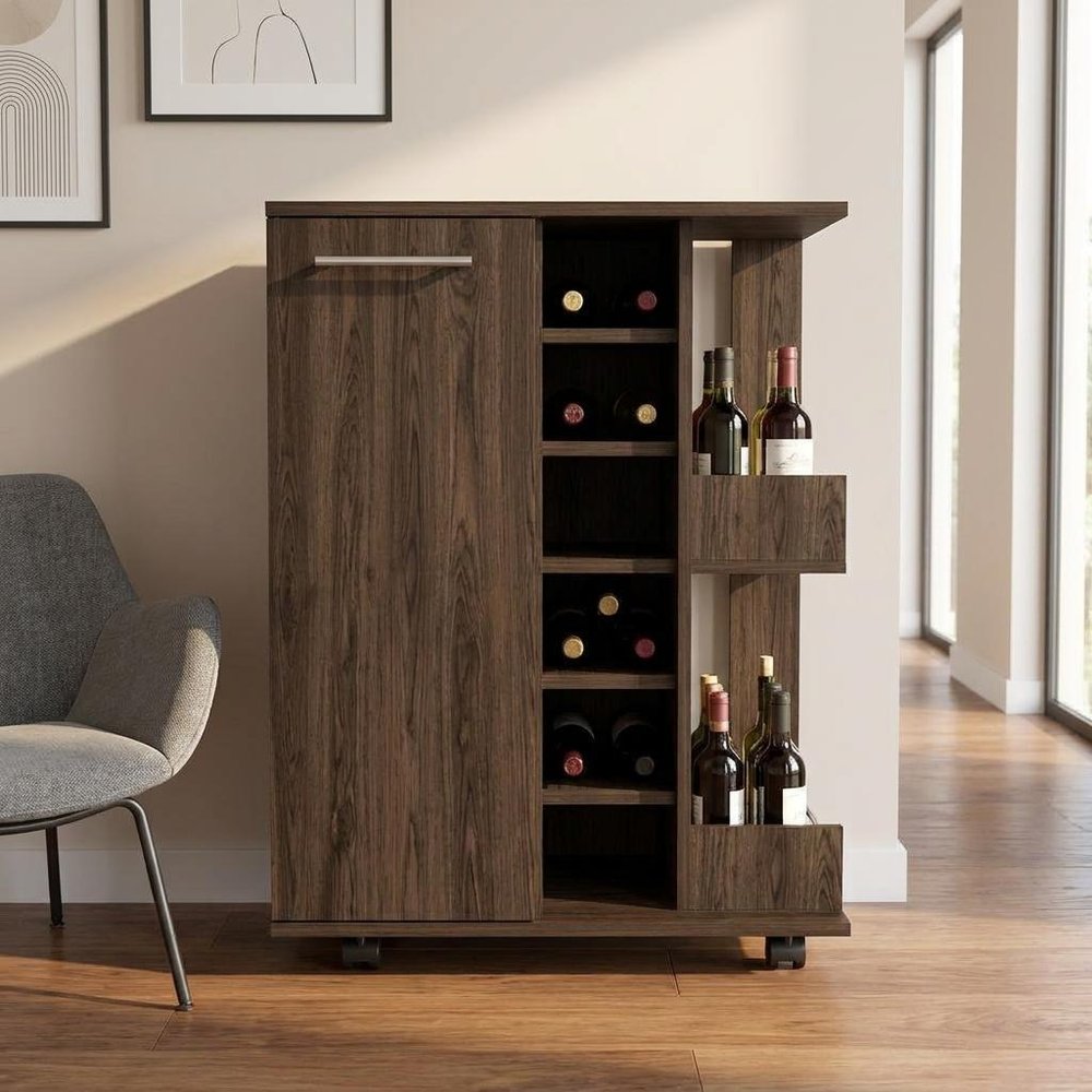 Brown Rolling Bar Cart With Wine Storage — view 7