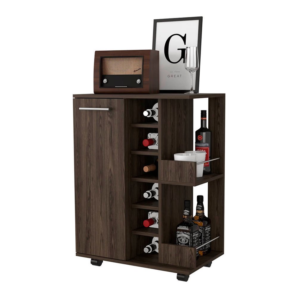 Brown Rolling Bar Cart With Wine Storage — view 3