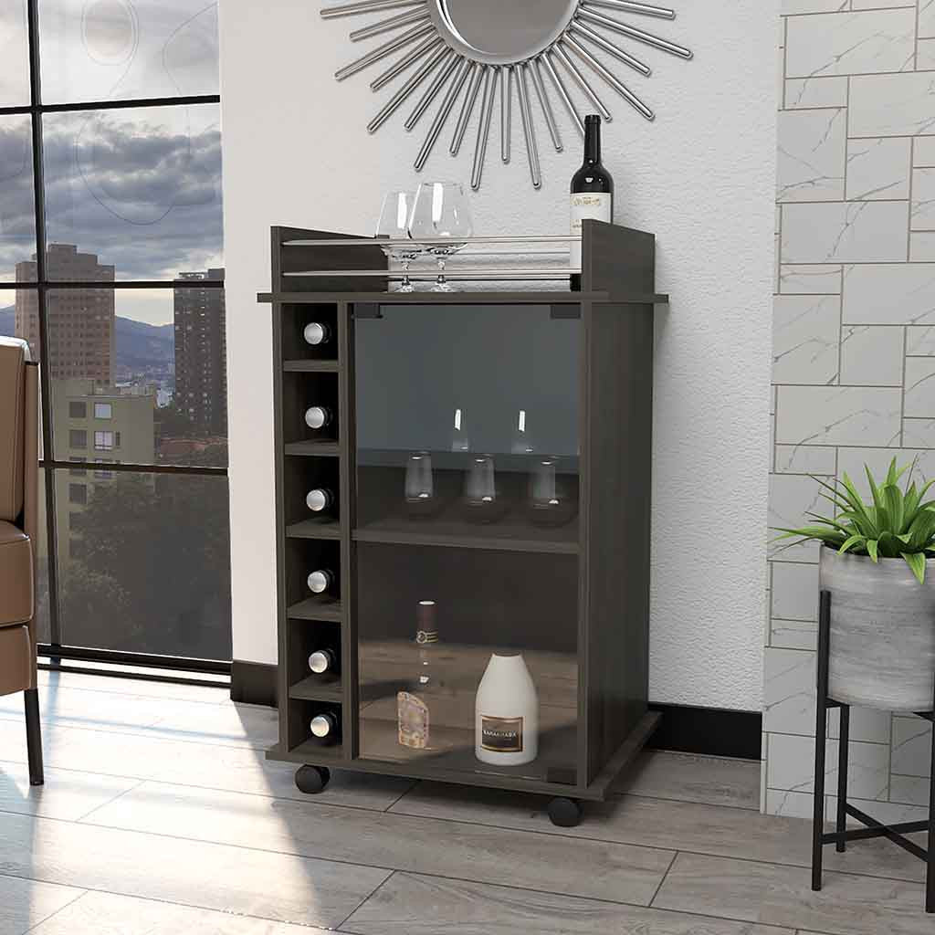 Espresso Rolling Bar Cart With Wine Storage