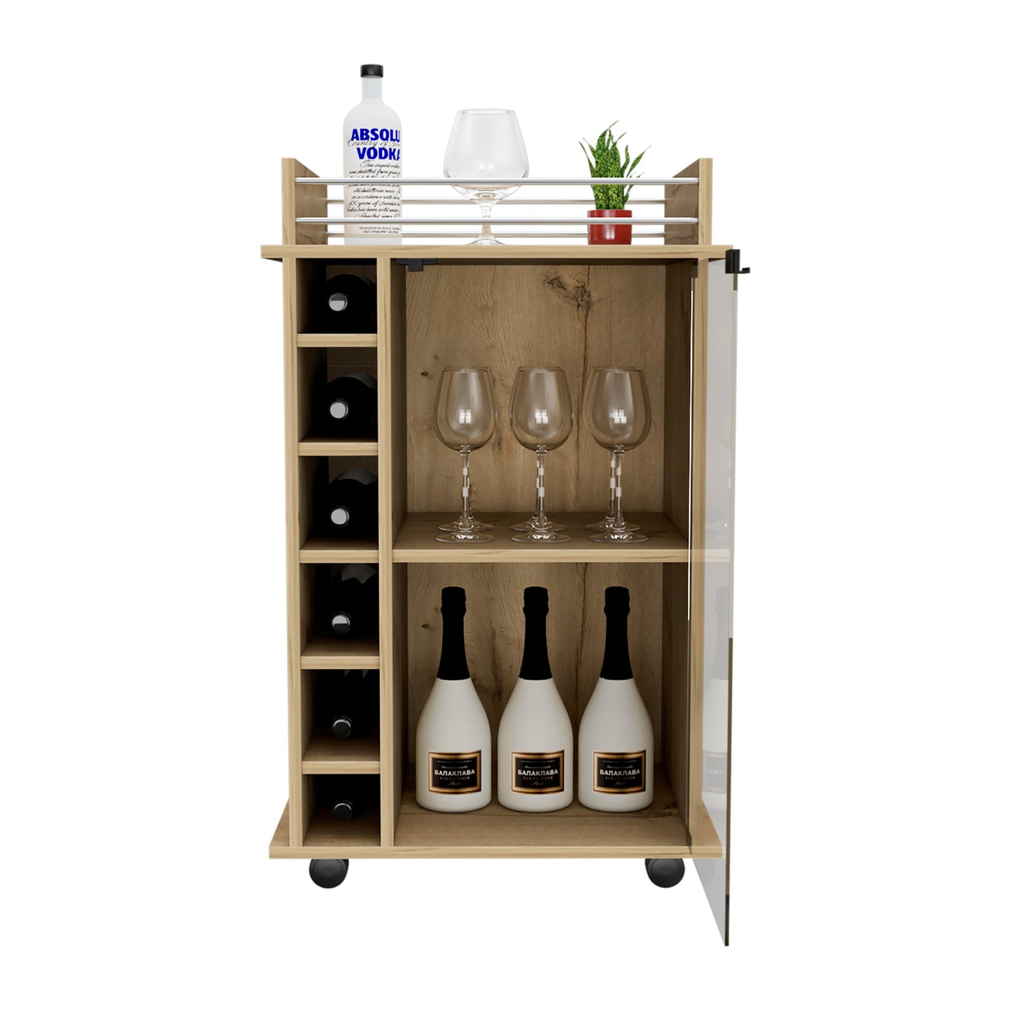 Oak Rolling Bar Cart With Wine Storage