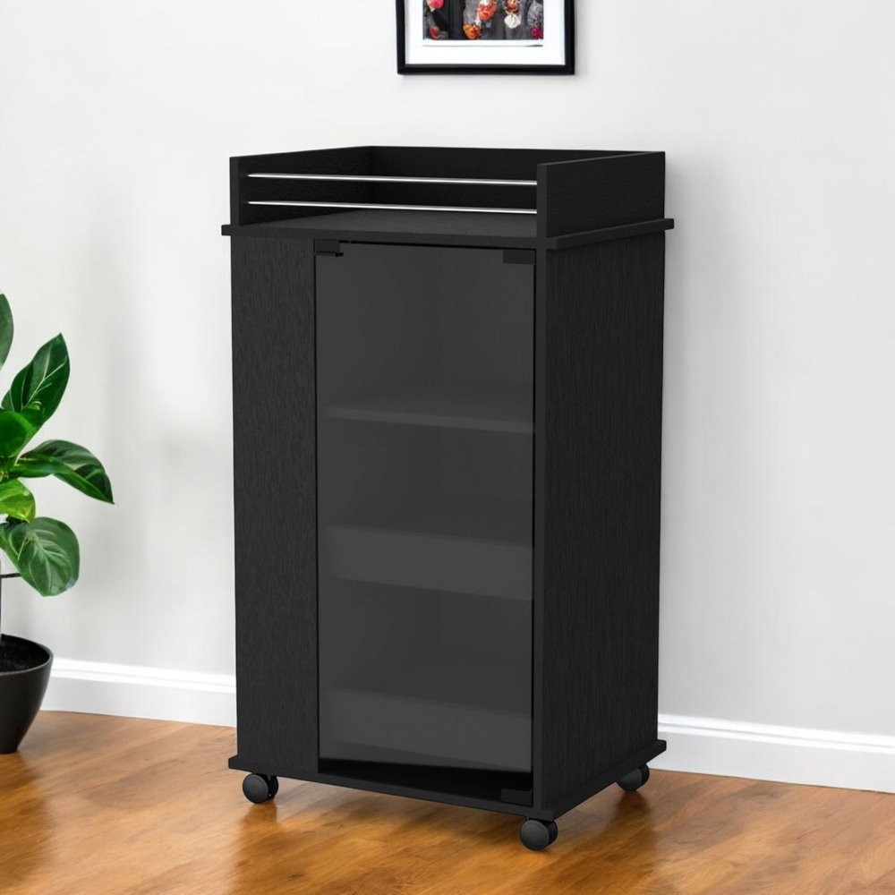 22" Black And Clear Wood And Glass Rolling Bar Cart — view 5