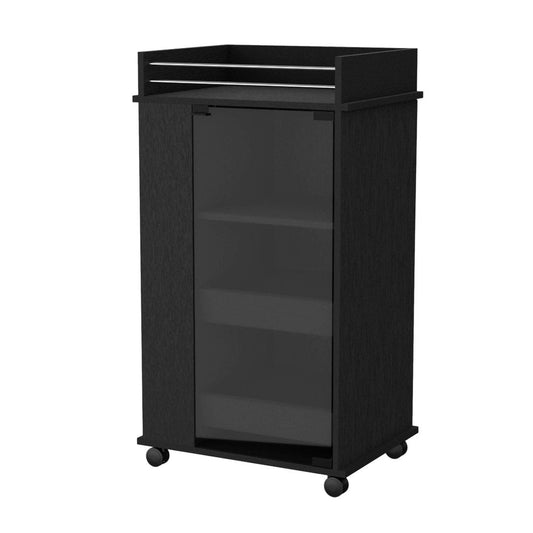 22" Black And Clear Wood And Glass Rolling Bar Cart