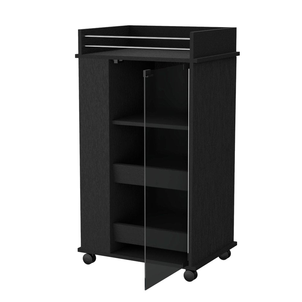 22" Black And Clear Wood And Glass Rolling Bar Cart — view 2