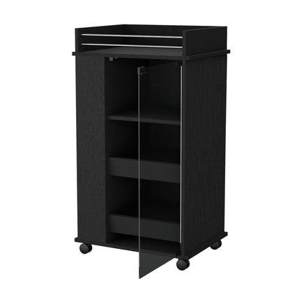 22" Black And Clear Wood And Glass Rolling Bar Cart