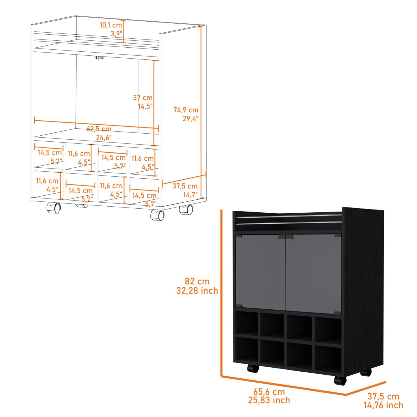 Black Rolling Bar Cart With Wine Storage