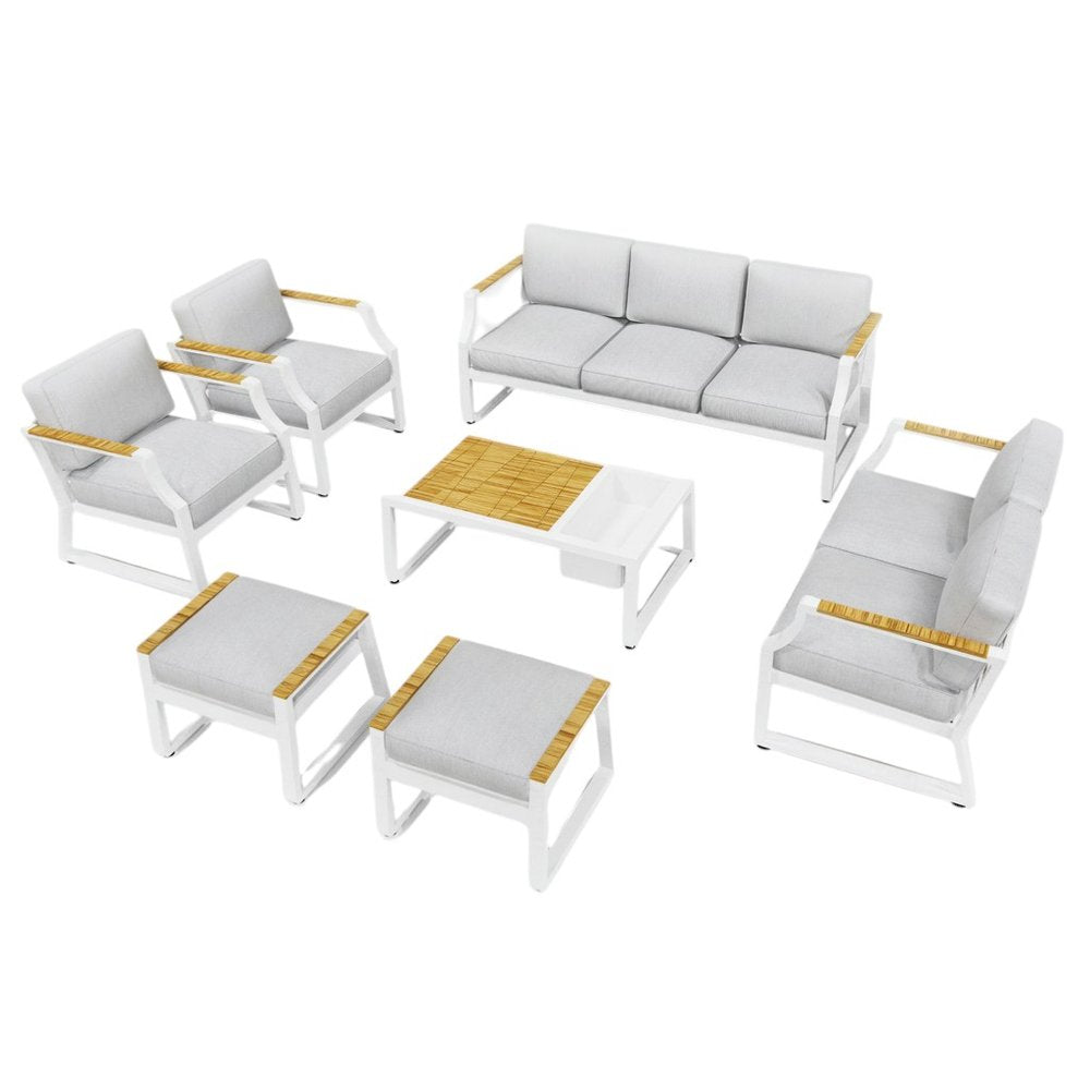 Seven Piece White Metal Sofa Seating Group With Table — view 2