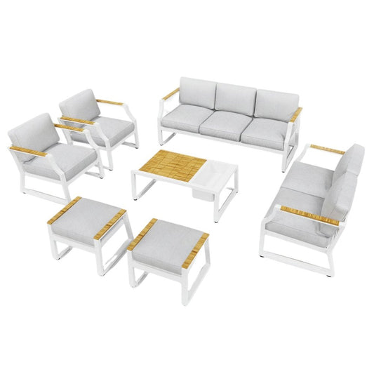 Seven Piece White Metal Sofa Seating Group With Table
