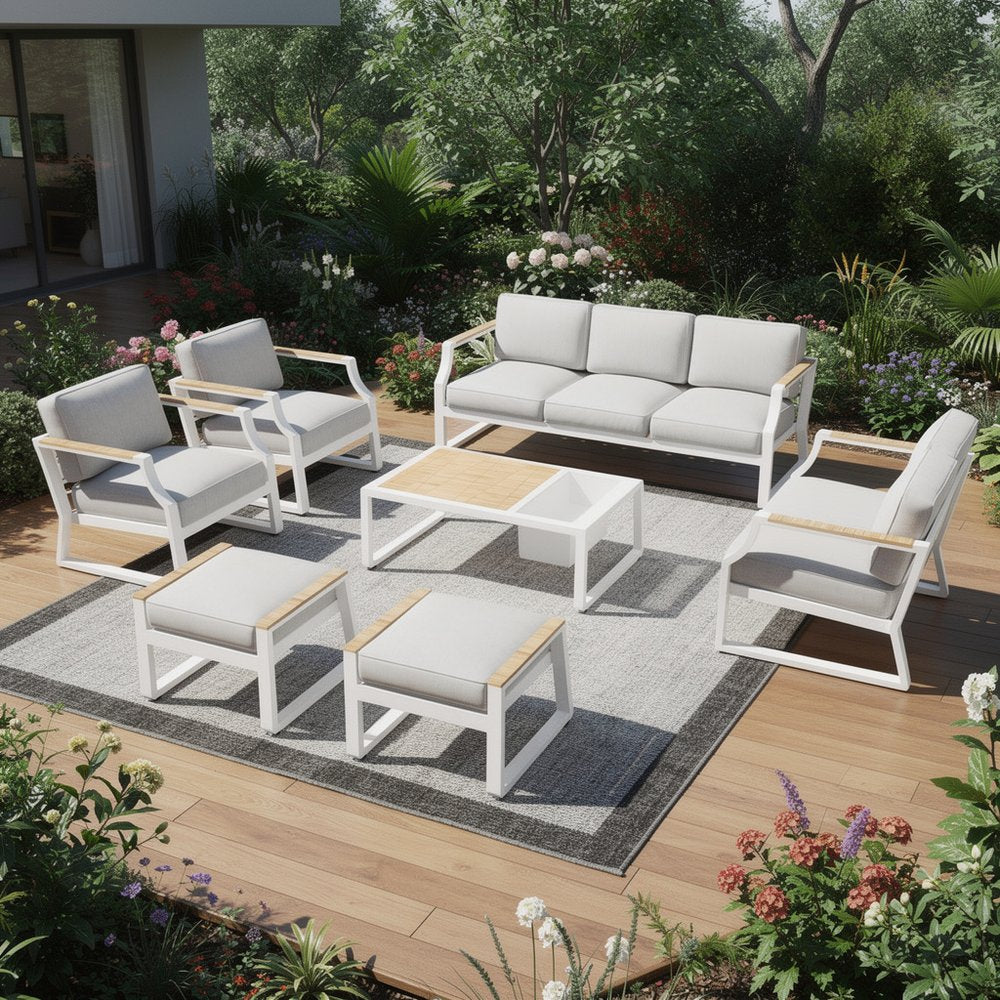 Seven Piece White Metal Sofa Seating Group With Table — view 1