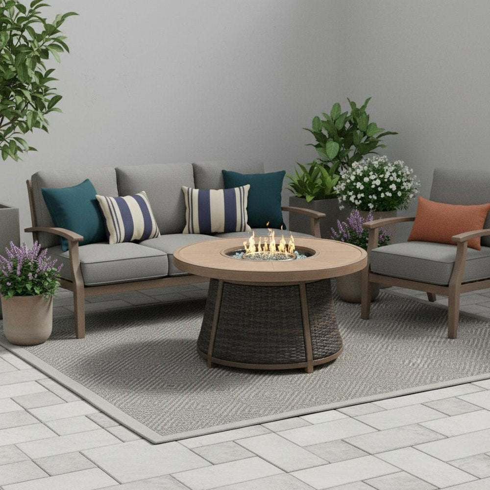 50000 BTU 42" Brown Aluminum And Rattan Propane Round Fire Pit Table With Cover HomeRoots