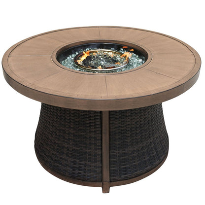 50000 BTU 42" Brown Aluminum And Rattan Propane Round Fire Pit Table With Cover HomeRoots
