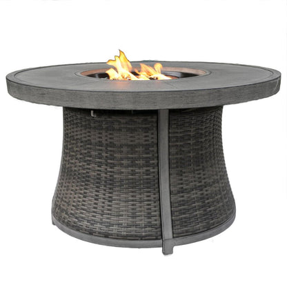 50000 BTU 42" Gray Aluminum And Rattan Propane Round Fire Pit Table With Cover HomeRoots