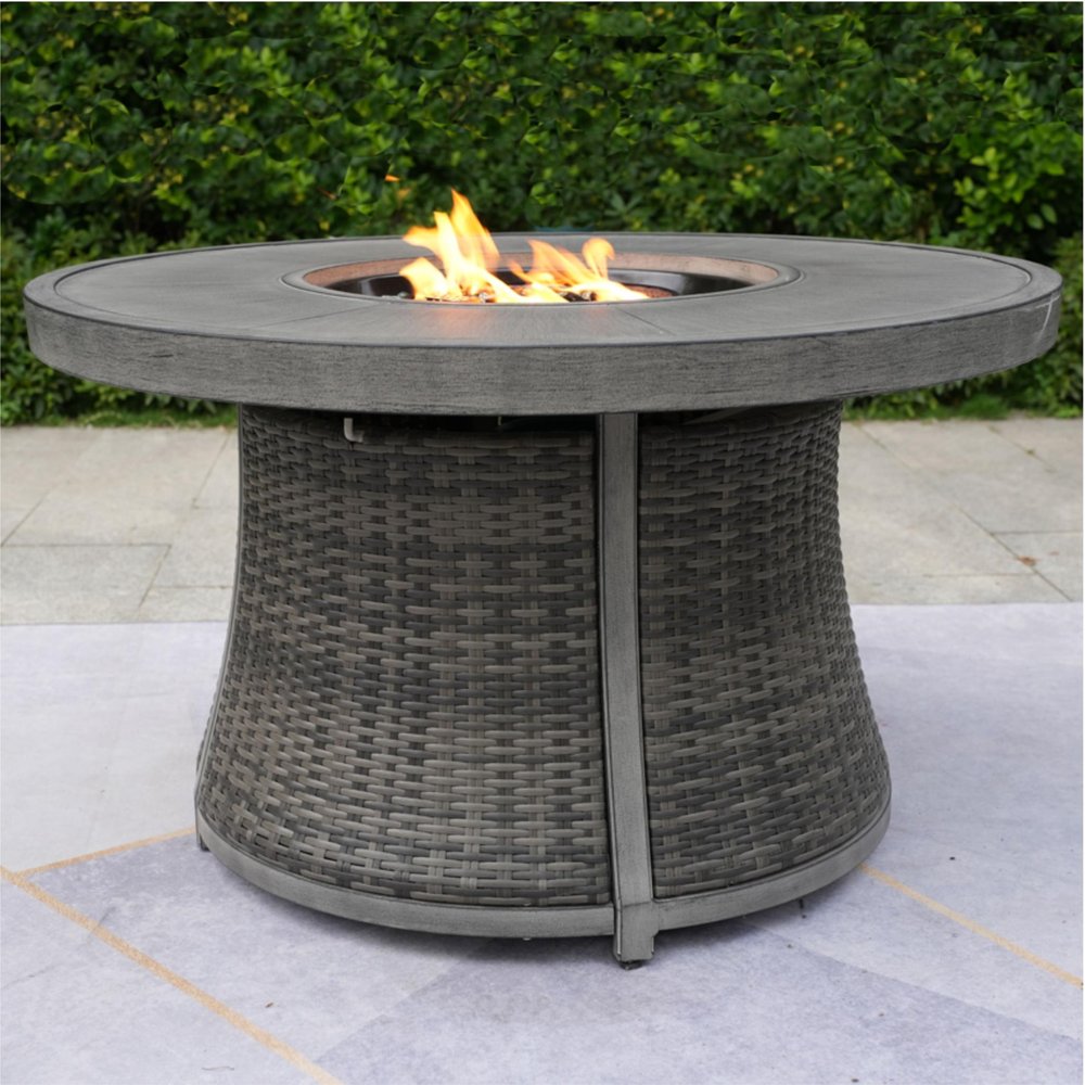 50000 BTU 42" Gray Aluminum And Rattan Propane Round Fire Pit Table With Cover HomeRoots