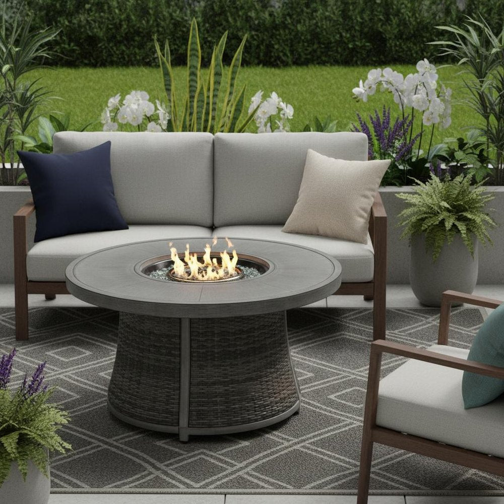 50000 BTU 42" Gray Aluminum And Rattan Propane Round Fire Pit Table With Cover HomeRoots