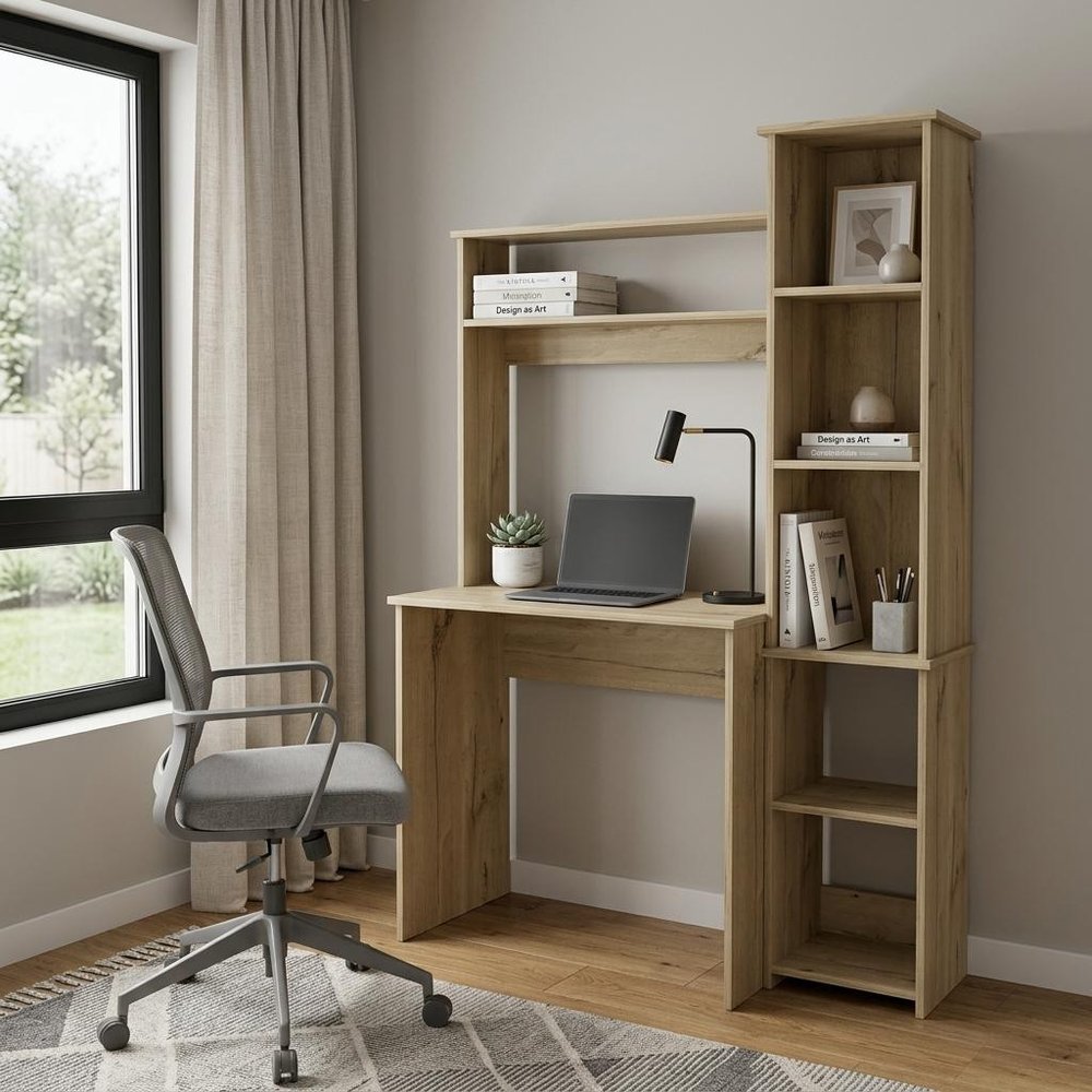 39" Oak Wood Computer Desk With Hutch and Bookshelf Set HomeRoots