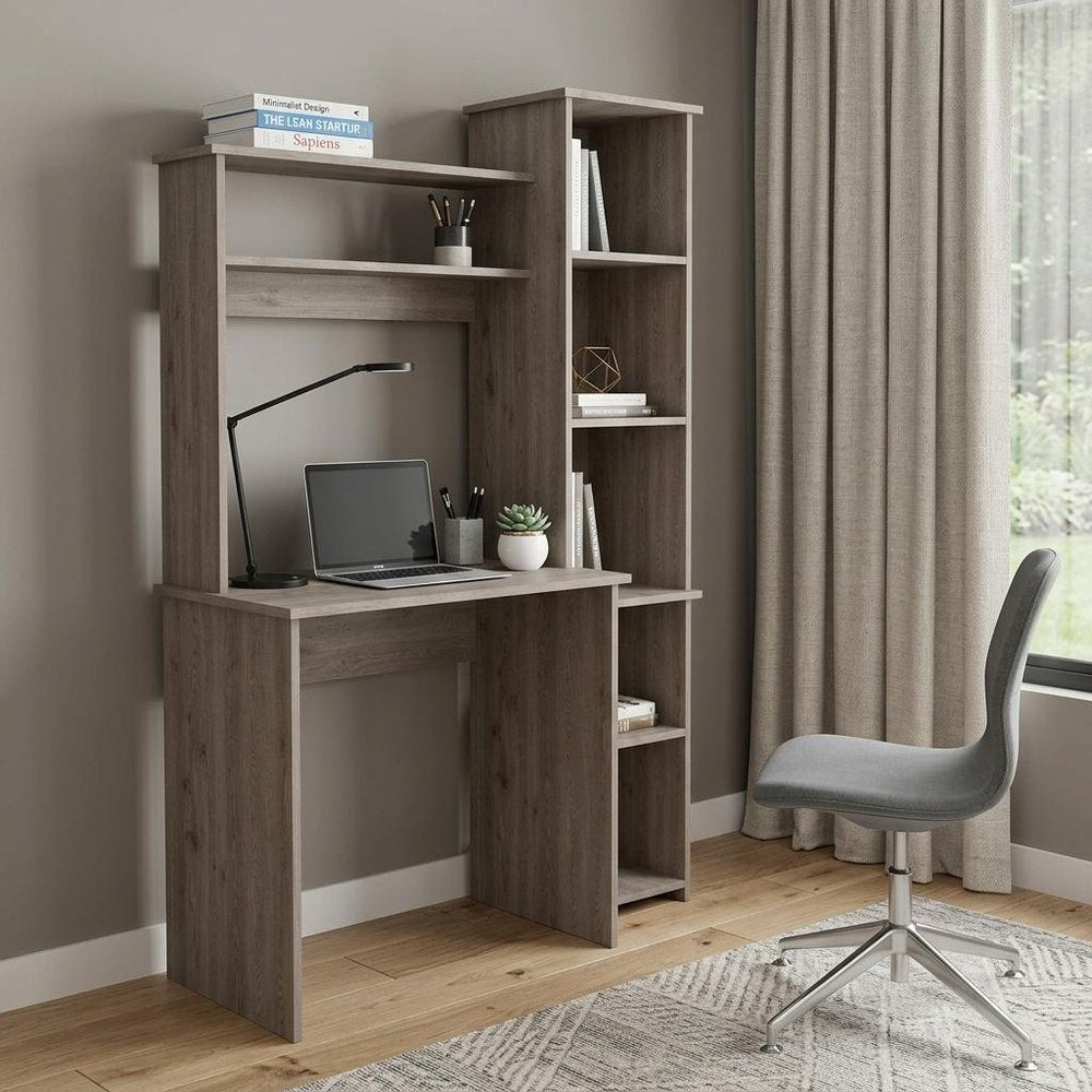 39" Oak Wood Computer Desk With Hutch and Bookshelf Set HomeRoots