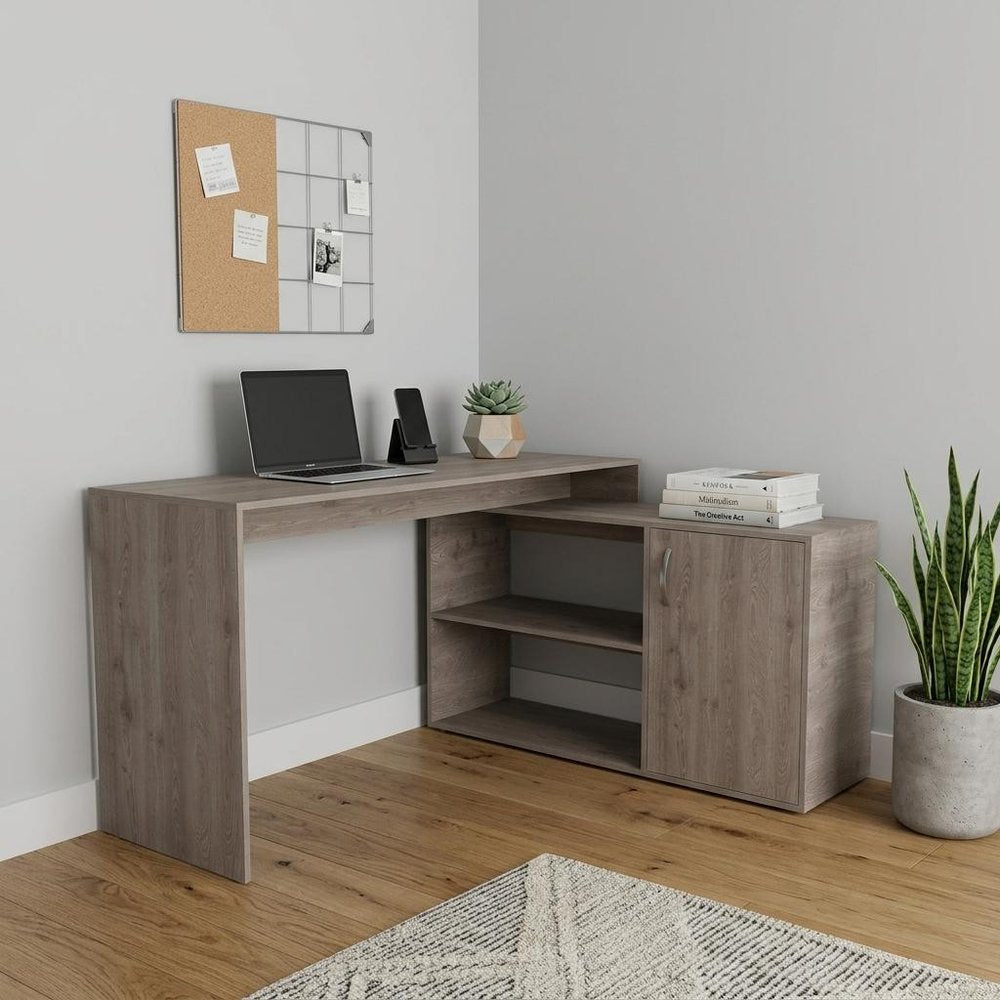 60" Light Gray Wood L Shape Pedestal Computer Desk HomeRoots