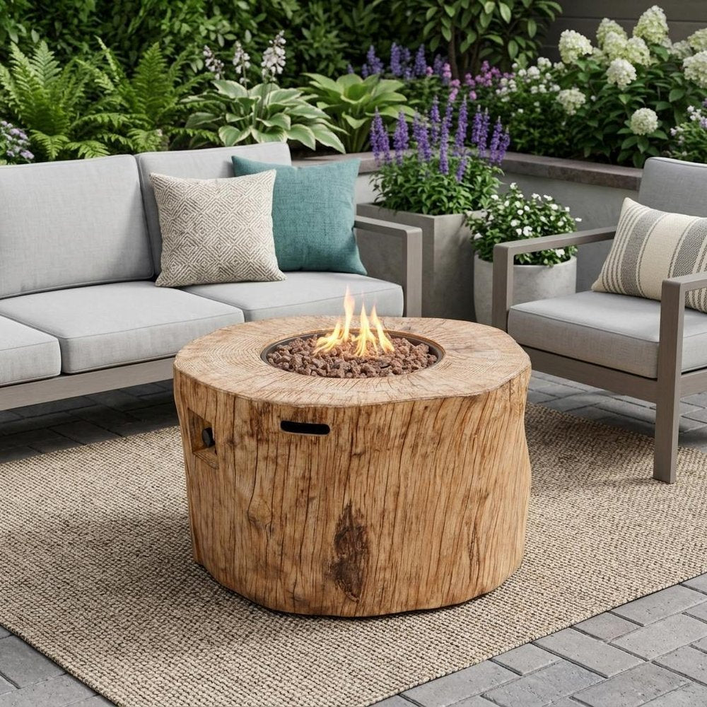 37" Brown Faux Wood Stump Propane Round Fire pit With Cover HomeRoots