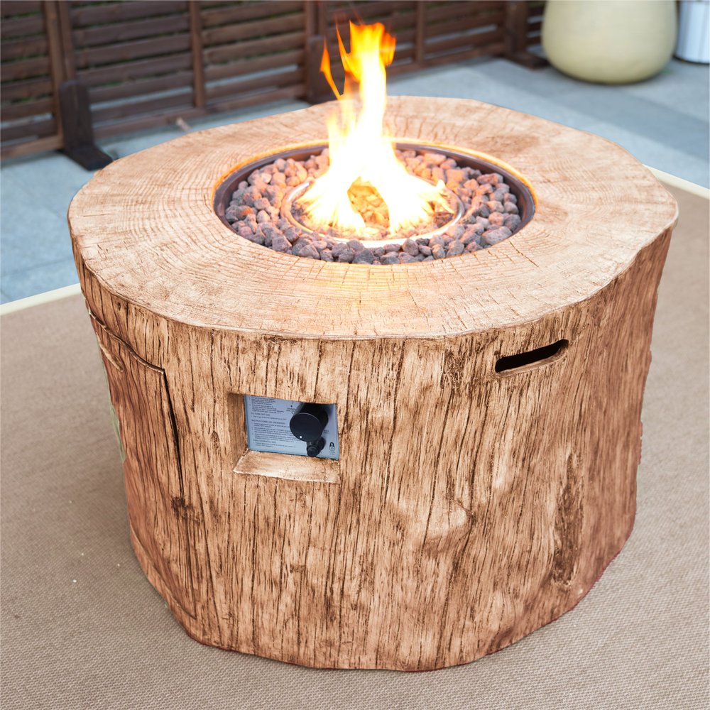 37" Brown Faux Wood Stump Propane Round Fire pit With Cover HomeRoots
