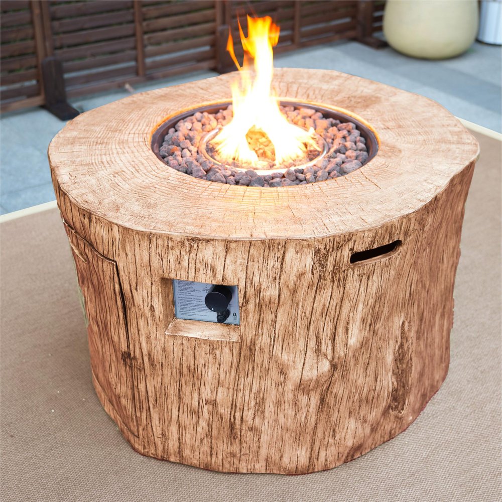 37" Brown Faux Wood Stump Propane Round Fire pit With Cover HomeRoots