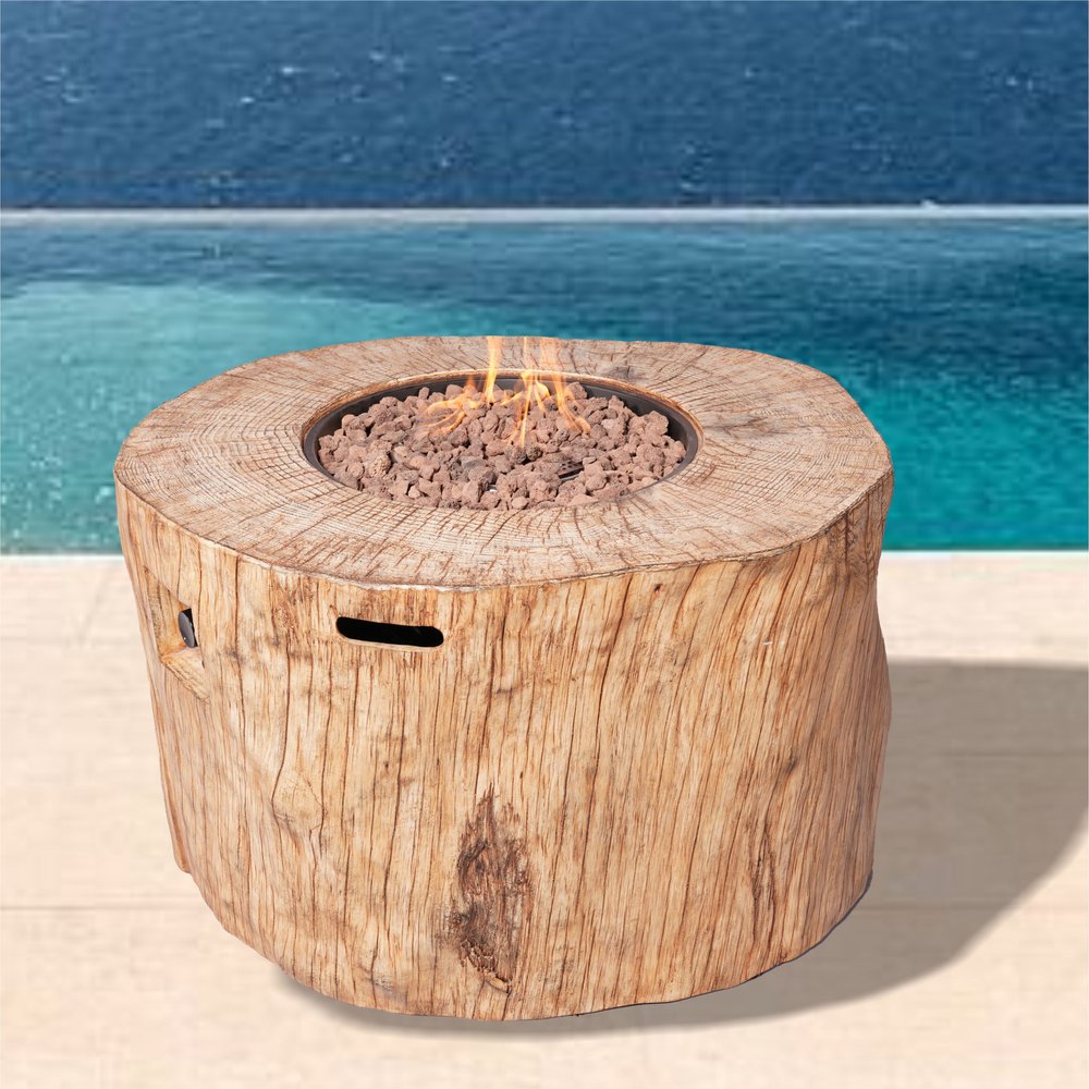 37" Brown Faux Wood Stump Propane Round Fire pit With Cover HomeRoots