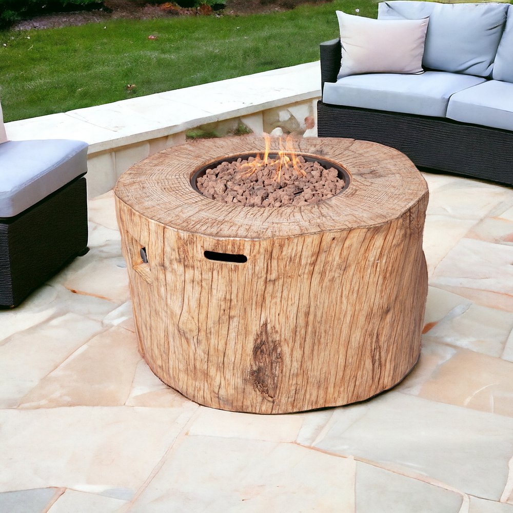 37" Brown Faux Wood Stump Propane Round Fire pit With Cover HomeRoots