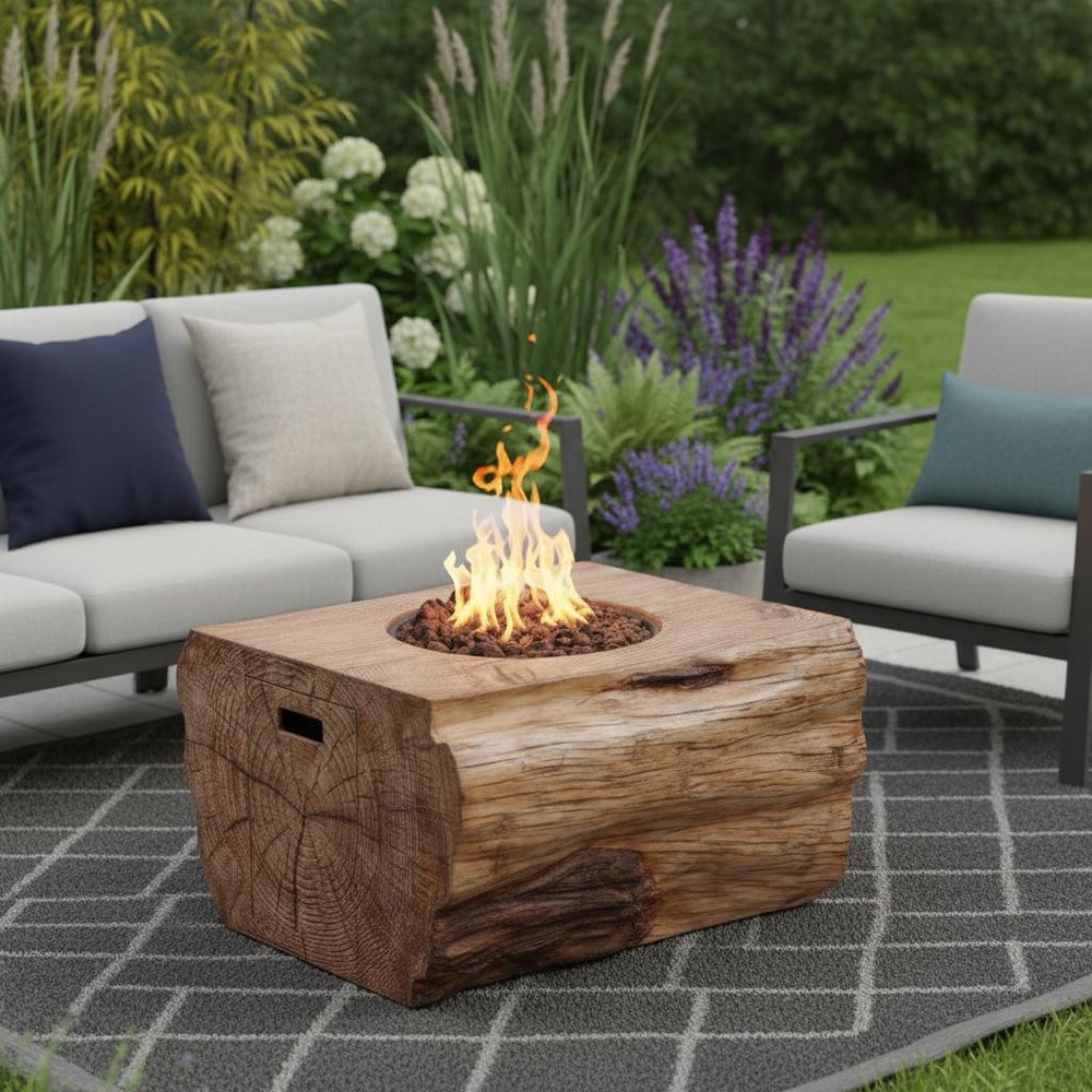 50000 BTU 40" Brown Aluminum Natural Gas Rectangular Fire Pit With Cover HomeRoots