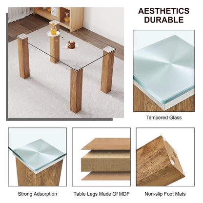 Modern minimalist rectangular dining table Glass desktop and wooden MDF table legs - FurniFindUSA