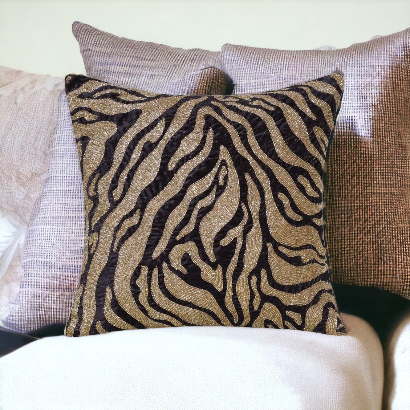 20" X 20" Gold Safari Animals Abstract Polyester Zippered Pillow With Beads FurniFindUSA