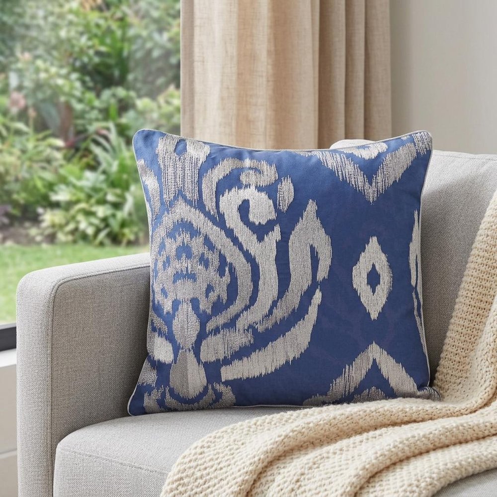 20" Blue Geometric Throw Pillow with Beads — view 2