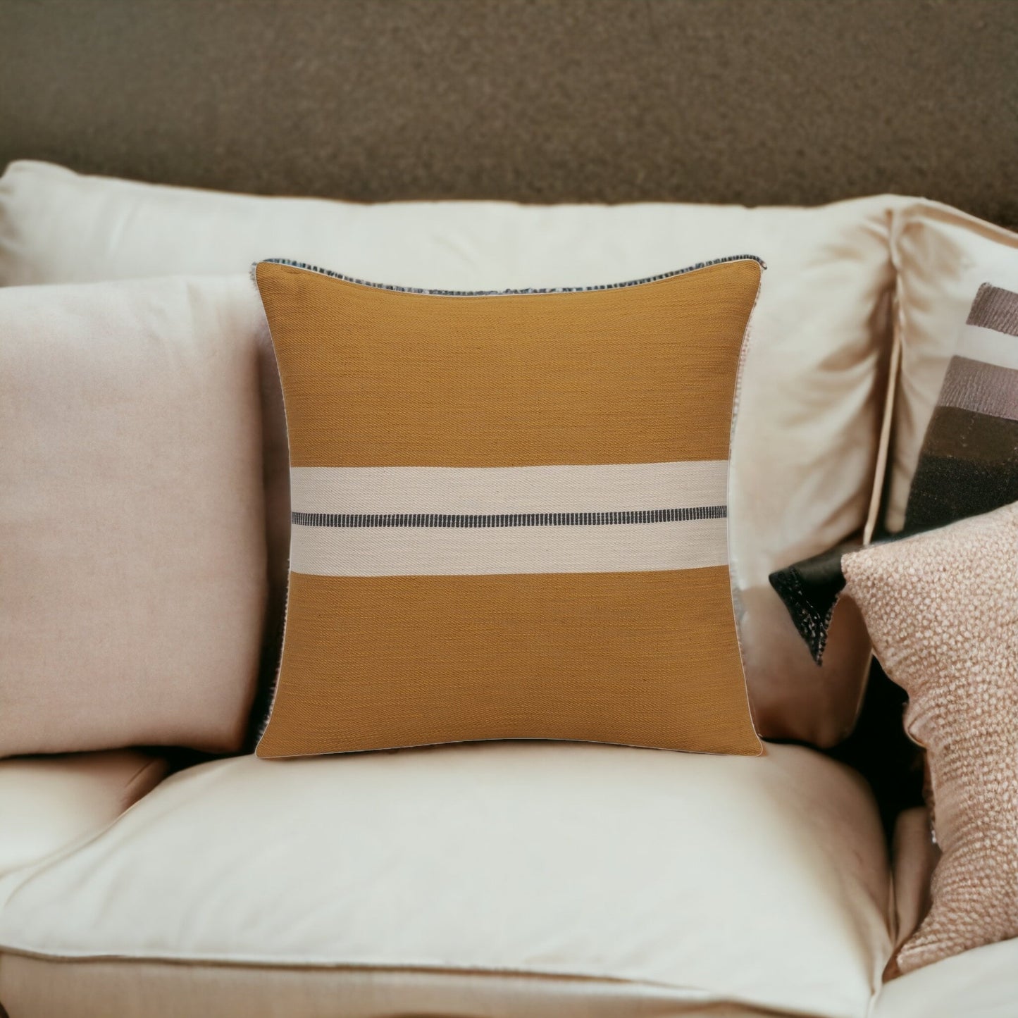 20" X 20" Yellow Striped Cotton Zippered Pillow