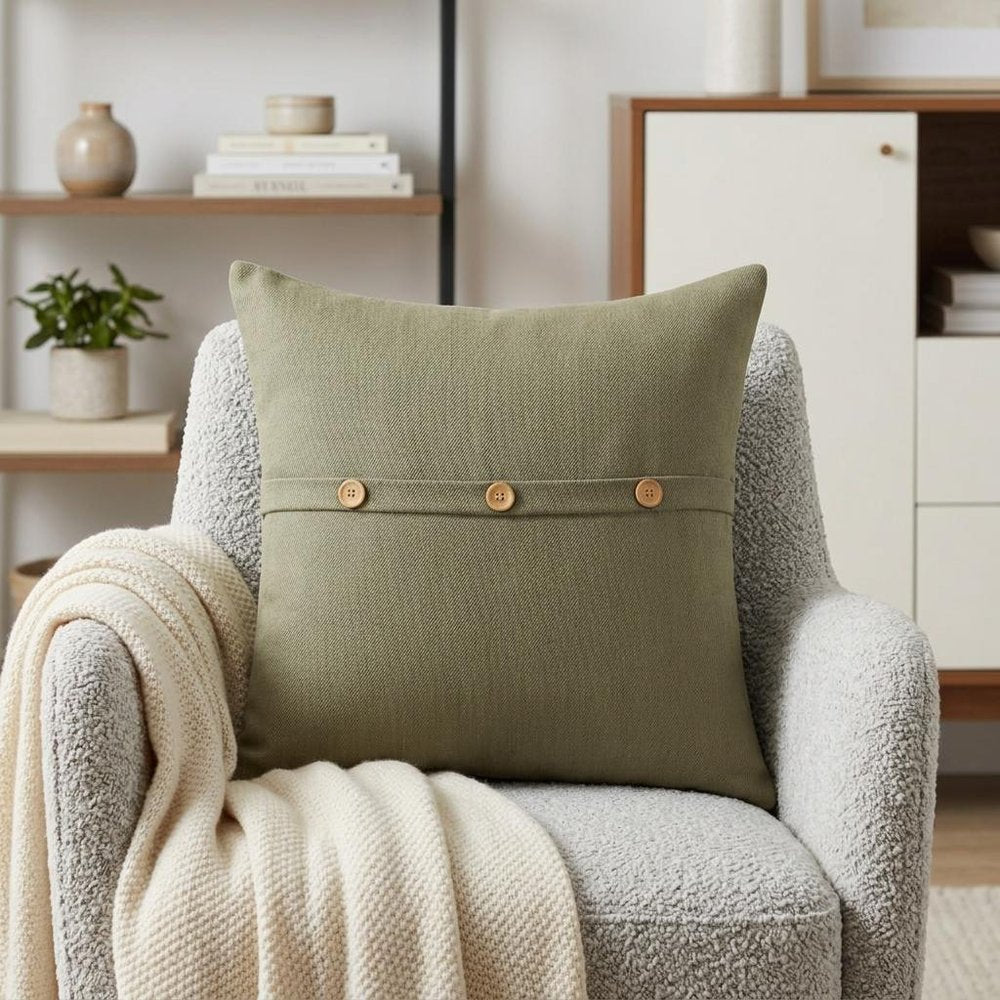 20" Sage Green Cotton Throw Pillow With Buttons — view 8