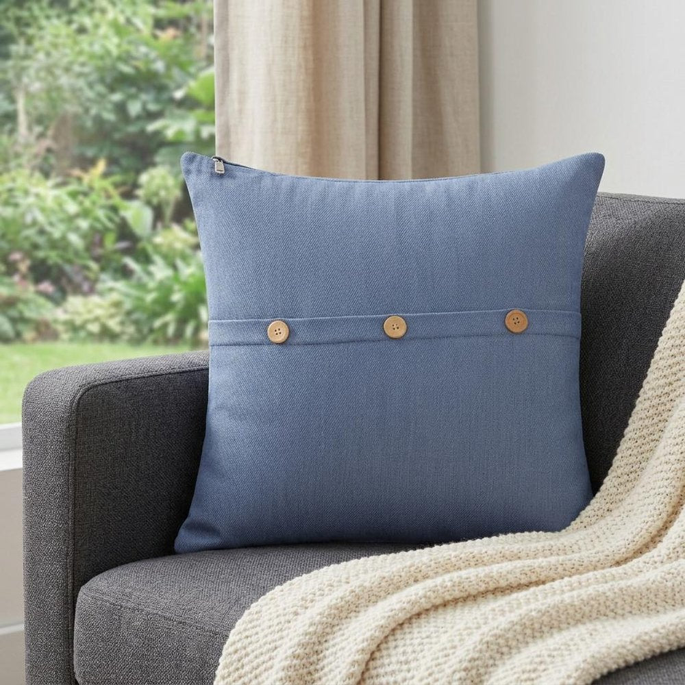 20" Blue Cotton Throw Pillow With Buttons — view 1