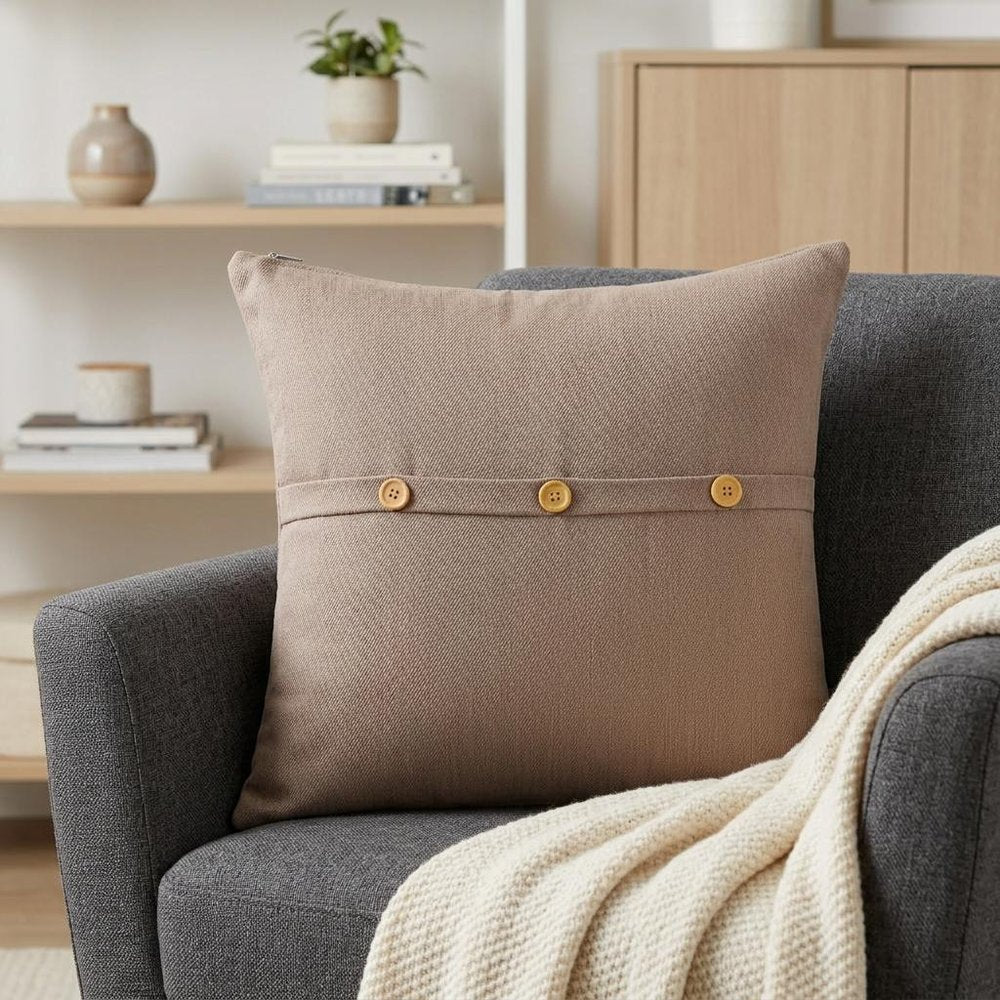 20" Brown Cotton Throw Pillow With Buttons — view 1