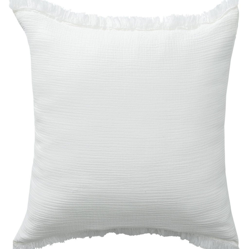 20" X 20" White Cotton Zippered Down Pillow With Fringe