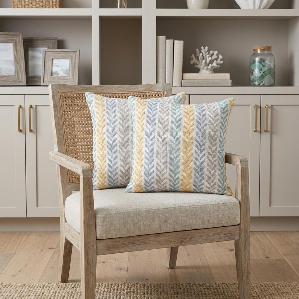 Set of Two 18" X 18" Yellow Beach Chevron Cotton Zippered Pillow HomeRoots