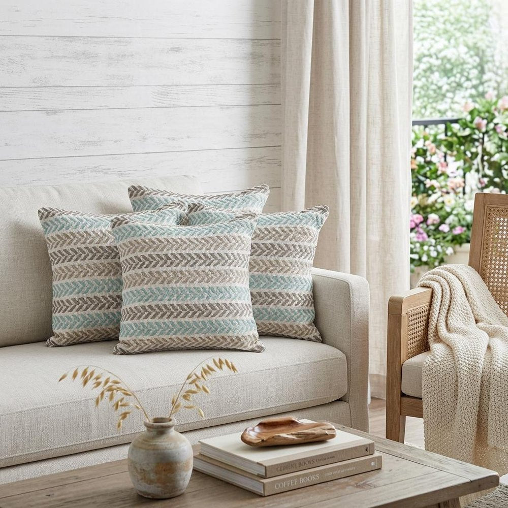 Set of Four 18" X 18" Blue Beach Chevron Cotton Zippered Pillow — view 8