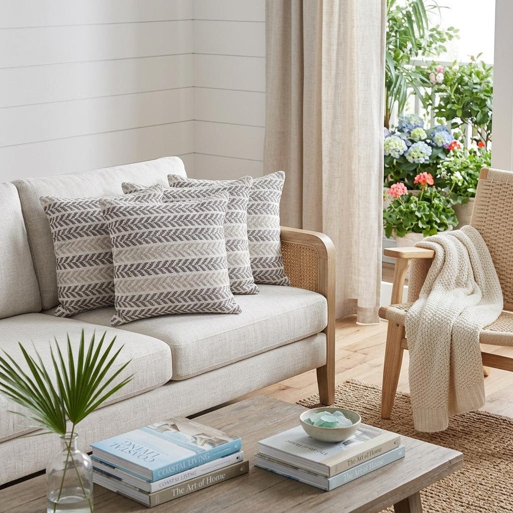 Set of Four 18" X 18" Gray Beach Chevron Cotton Zippered Pillow HomeRoots