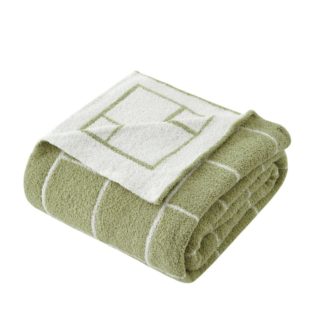 50" X 60" Green and White Fleece Knitted Geometric Plush Throw Blanket HomeRoots