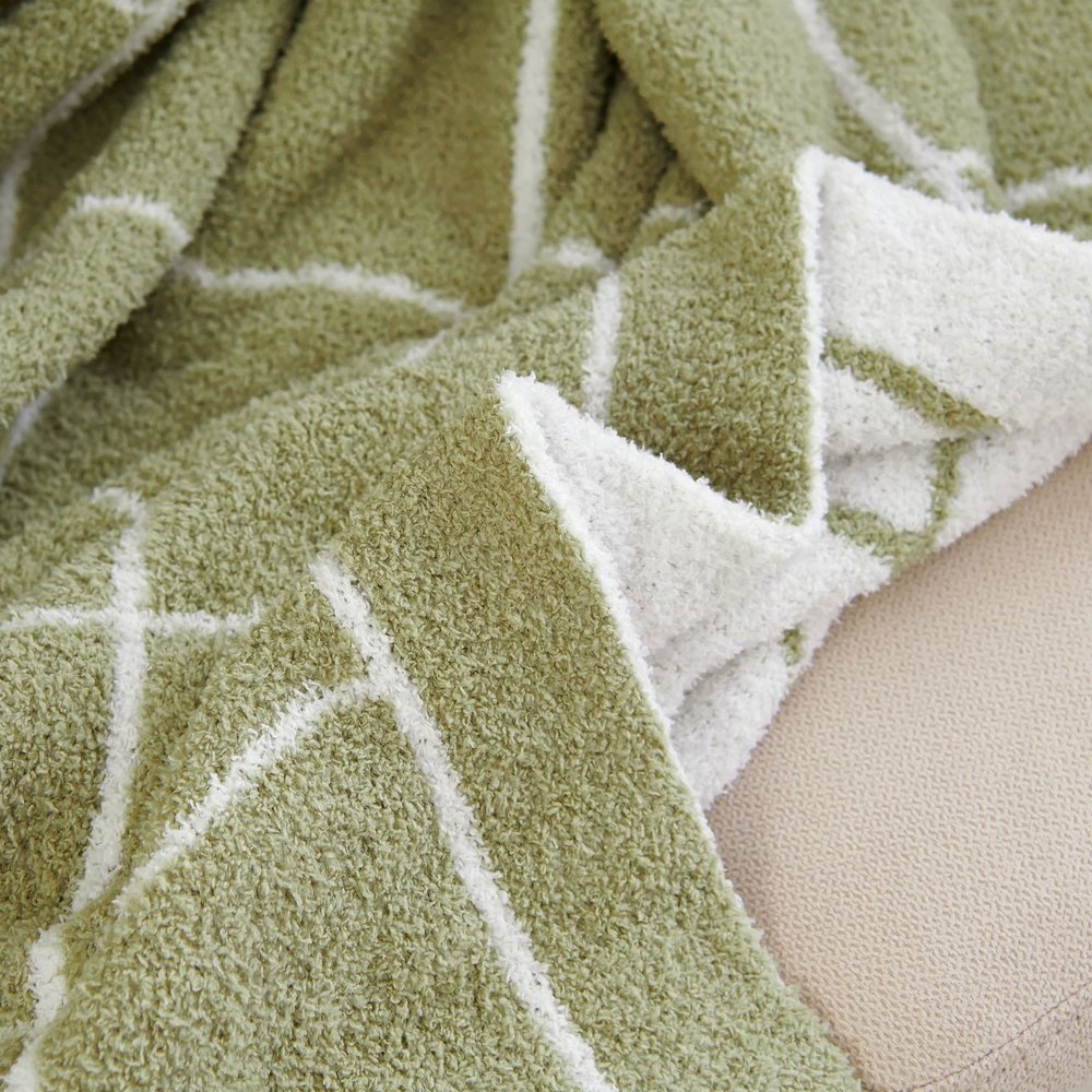50" X 60" Green and White Fleece Knitted Geometric Plush Throw Blanket HomeRoots