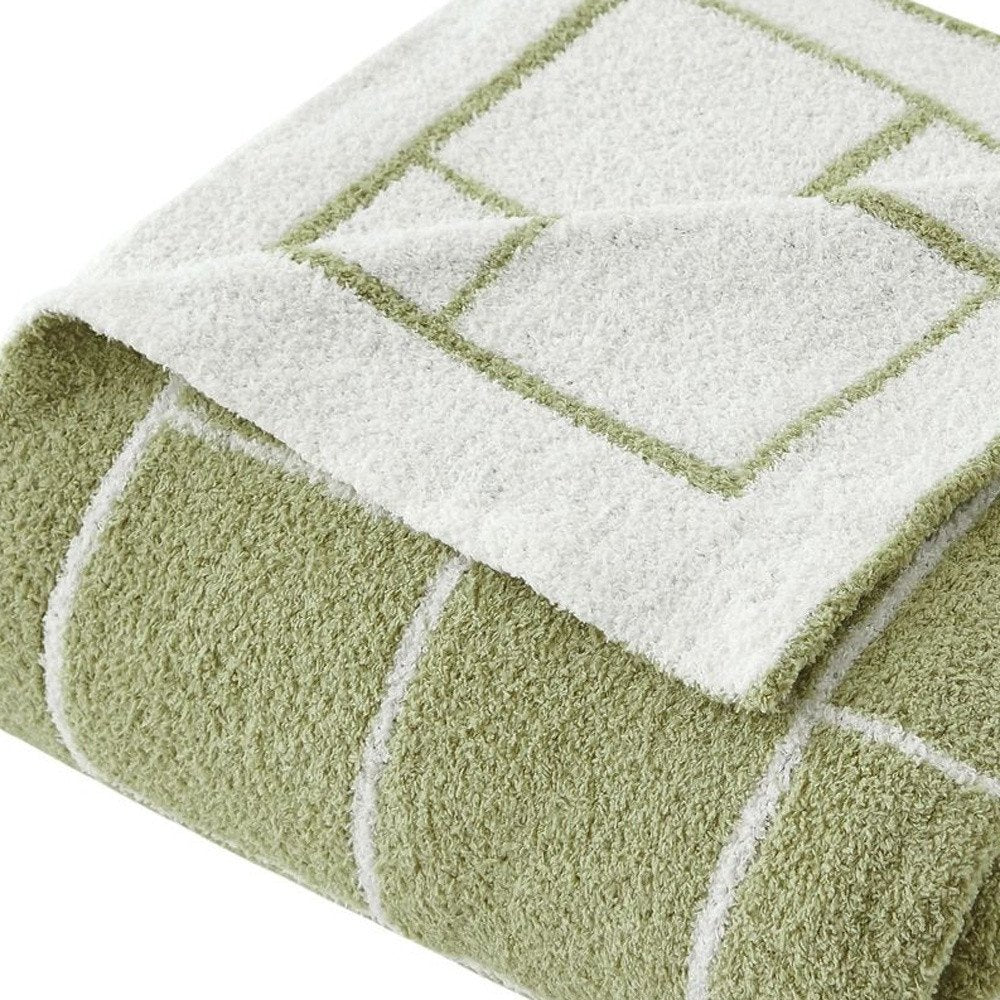 50" X 60" Green and White Fleece Knitted Geometric Plush Throw Blanket HomeRoots