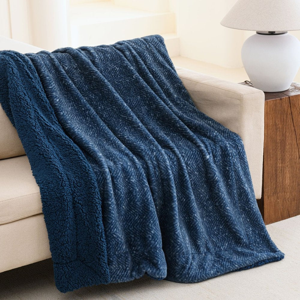 50" X 60" Oxford Blue Faux Fur Herringbone Plush Throw Blanket HomeRoots