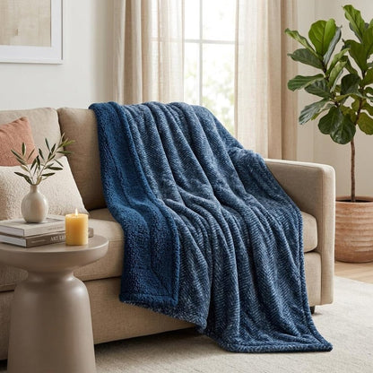 50" X 60" Oxford Blue Faux Fur Herringbone Plush Throw Blanket HomeRoots