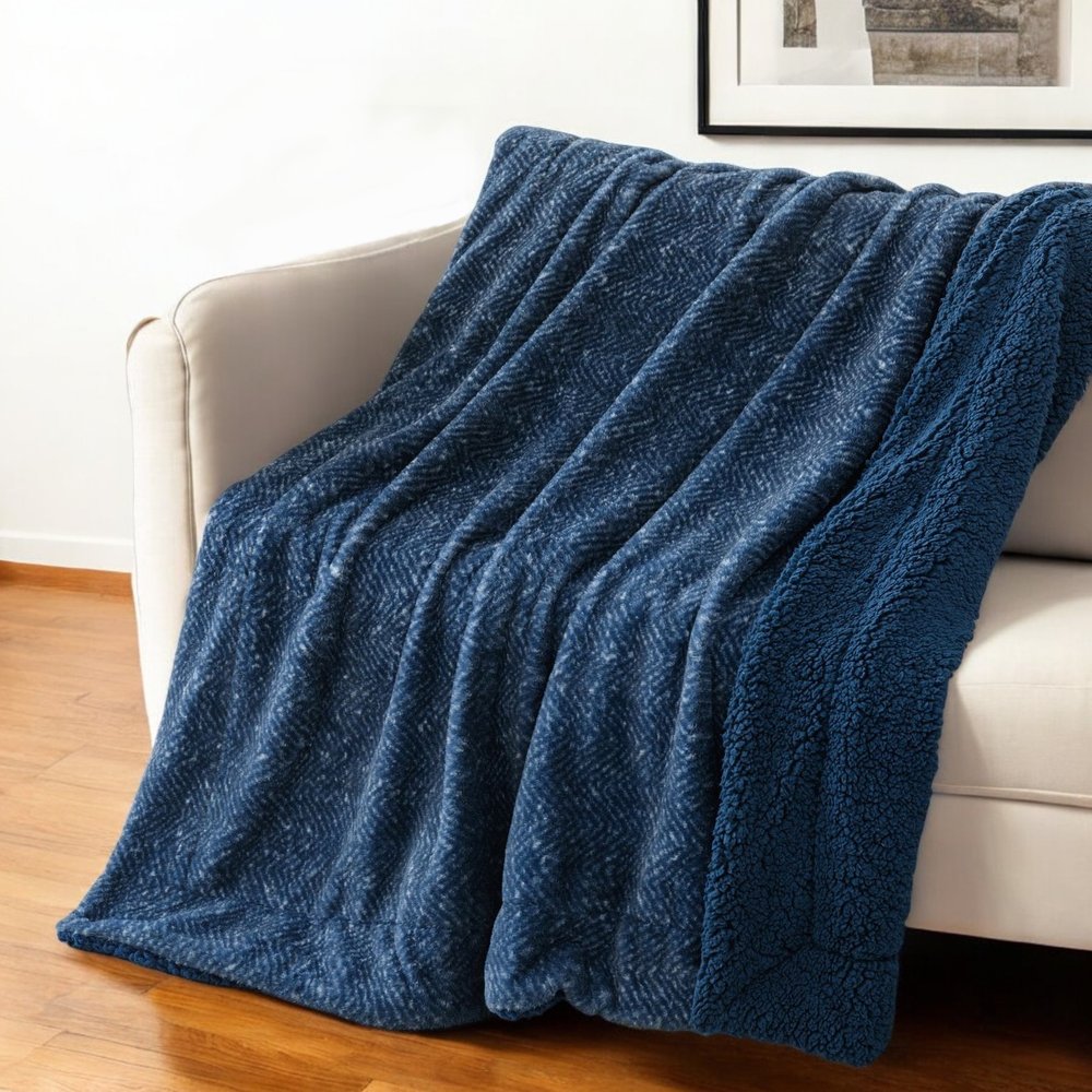 50" X 60" Oxford Blue Faux Fur Herringbone Plush Throw Blanket HomeRoots