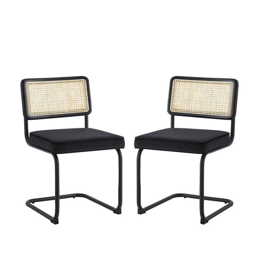 Set of Two Navy Blue and Silver Upholstered Velvet Dining Side Chairs
