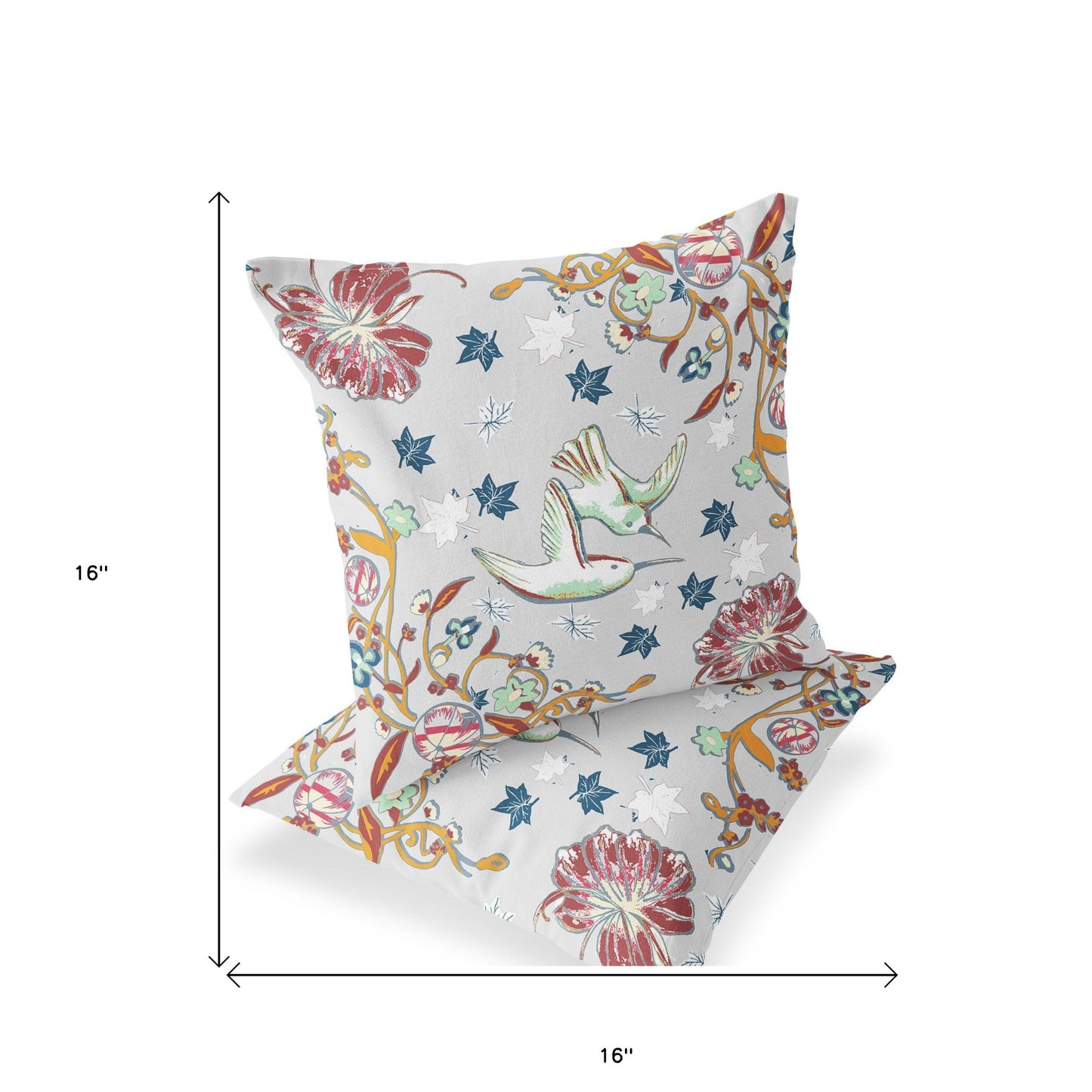 Set of Two 16" X 16" Gray and Blue Bird Blown Seam Floral Indoor Outdoor Throw Pillow