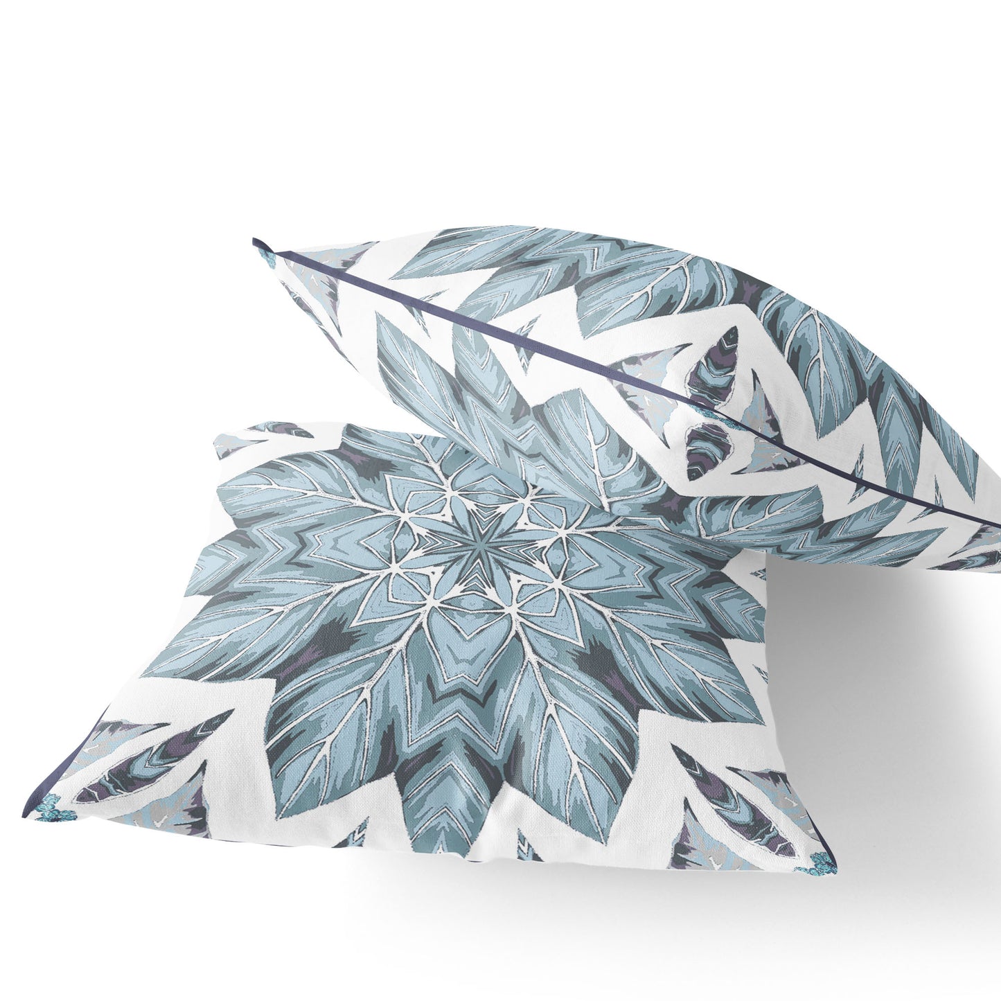 Set of Two 16" X 16" Blue and White Blown Seam Eclectic Indoor Outdoor Throw Pillow