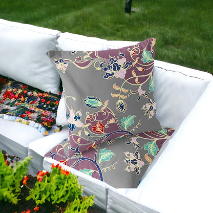 Set of Two 16" X 16" Gray and Purple Blown Seam Floral Indoor Outdoor Throw Pillow