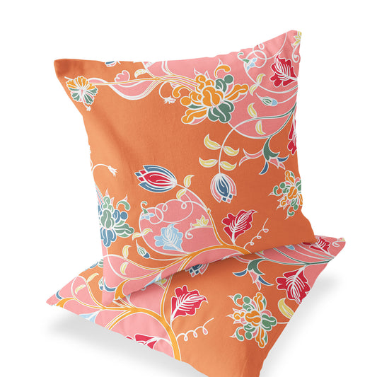 Set of Two 16" X 16" Pink and Orange Blown Seam Floral Indoor Outdoor Throw Pillows