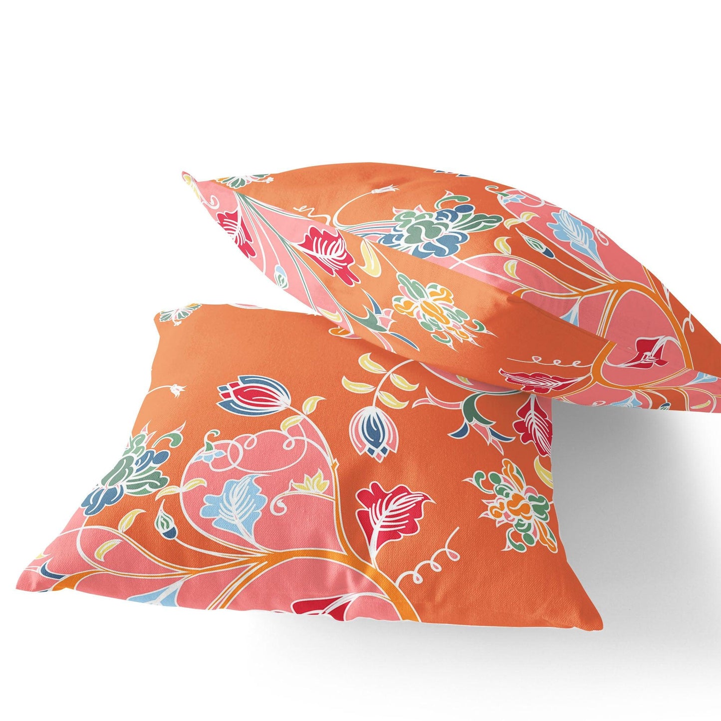 Set of Two 16" X 16" Pink and Orange Blown Seam Floral Indoor Outdoor Throw Pillows - FurniFindUSA